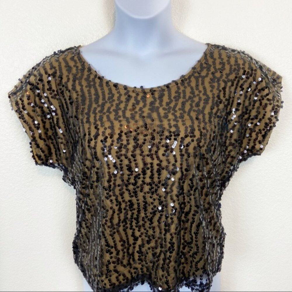 Sequin Disco Top Laundry by Shelli Segal sz Medium M Black Tan Retro Chic Party